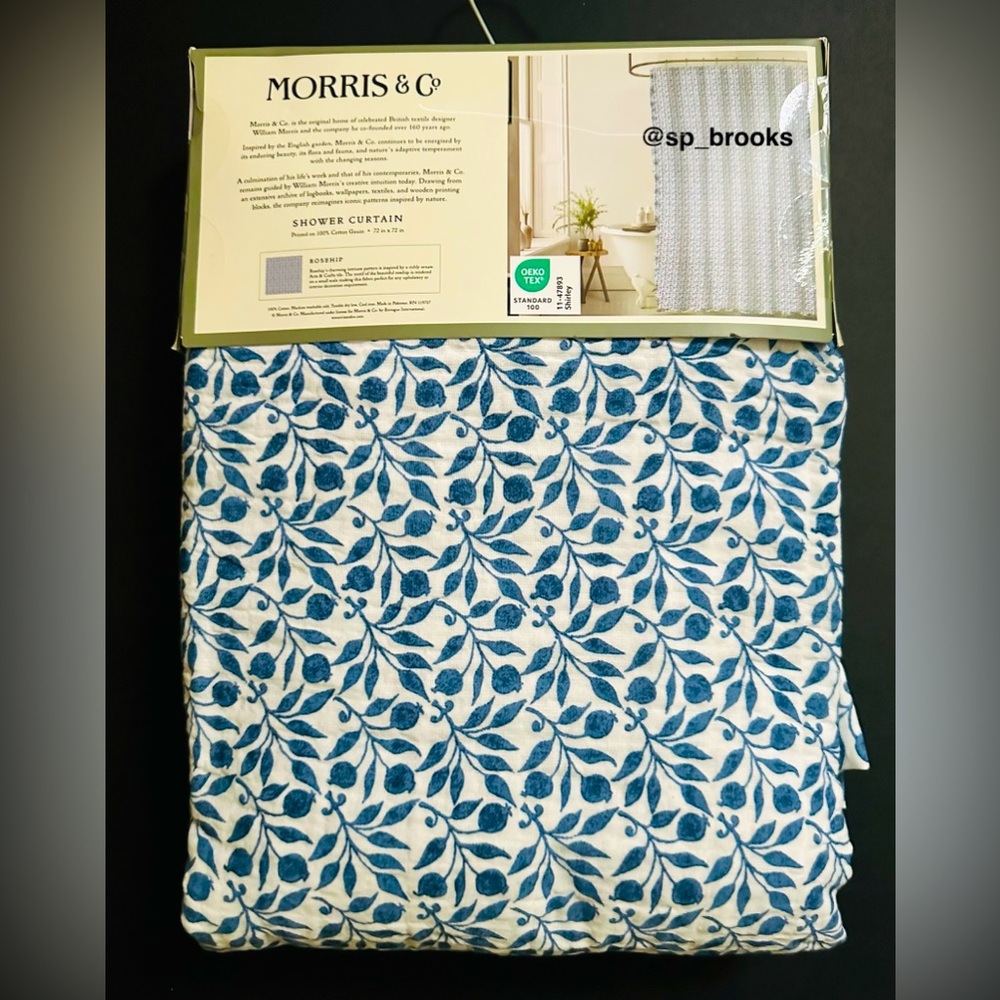 🎁MORRIS & Co. Shower Curtain - Rosehip Blue and White Cotton Gauze - 72”x72”